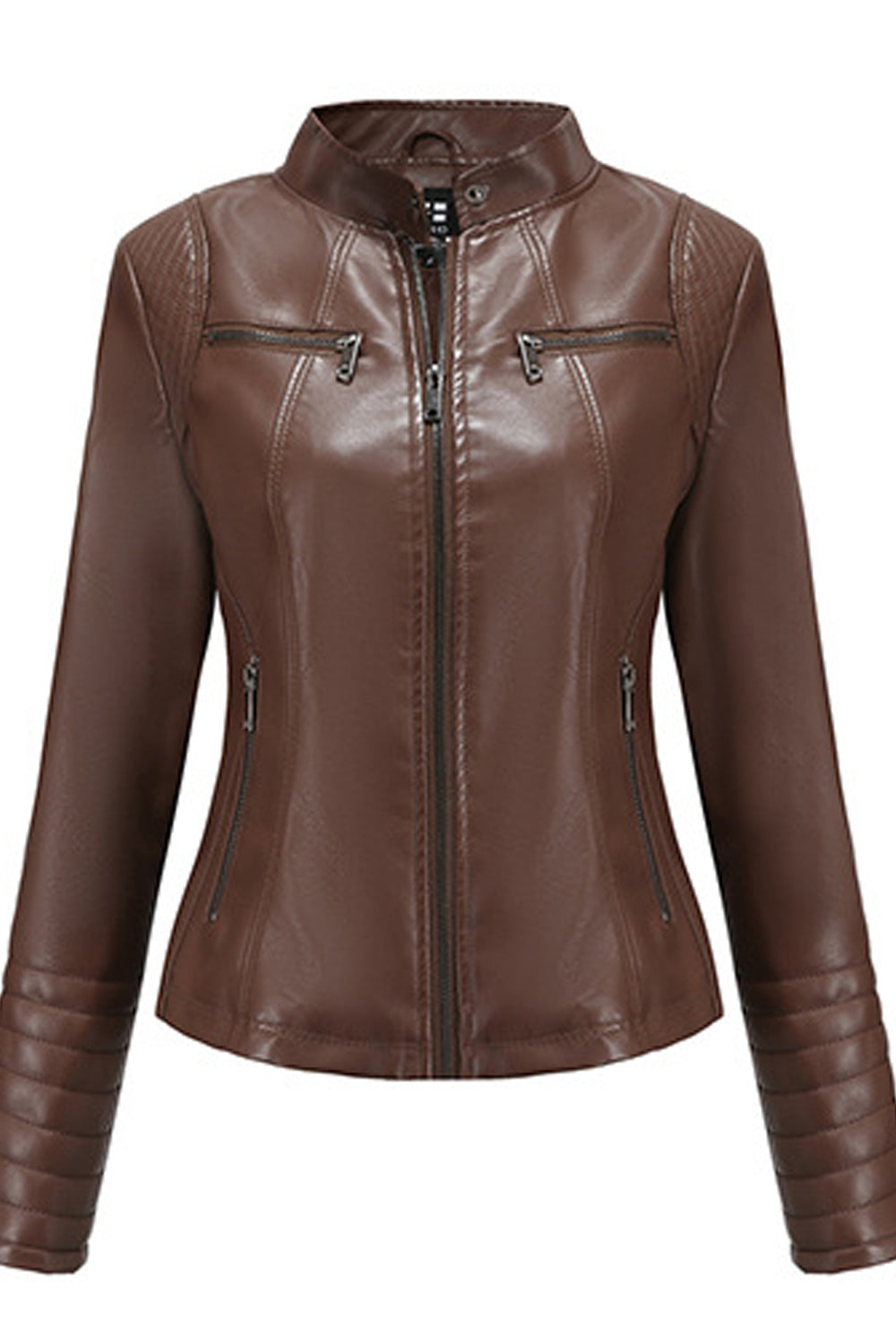 Women Collar Neck Zipper Closure Breathable Long Sleeve Leather Jacket