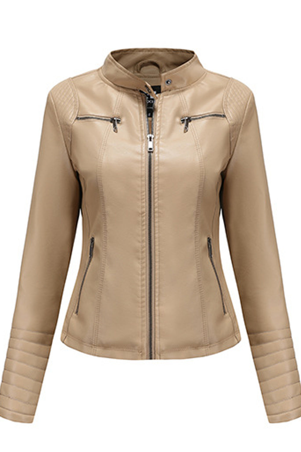 Women Collar Neck Zipper Closure Breathable Long Sleeve Leather Jacket