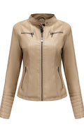 Women Collar Neck Zipper Closure Breathable Long Sleeve Leather Jacket
