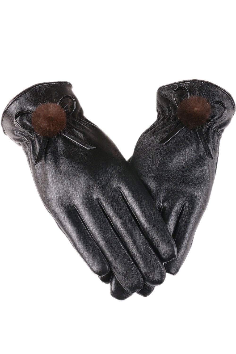 Women Soft Hair Ball Decorated Warm Winter Casual PU Leather Gloves