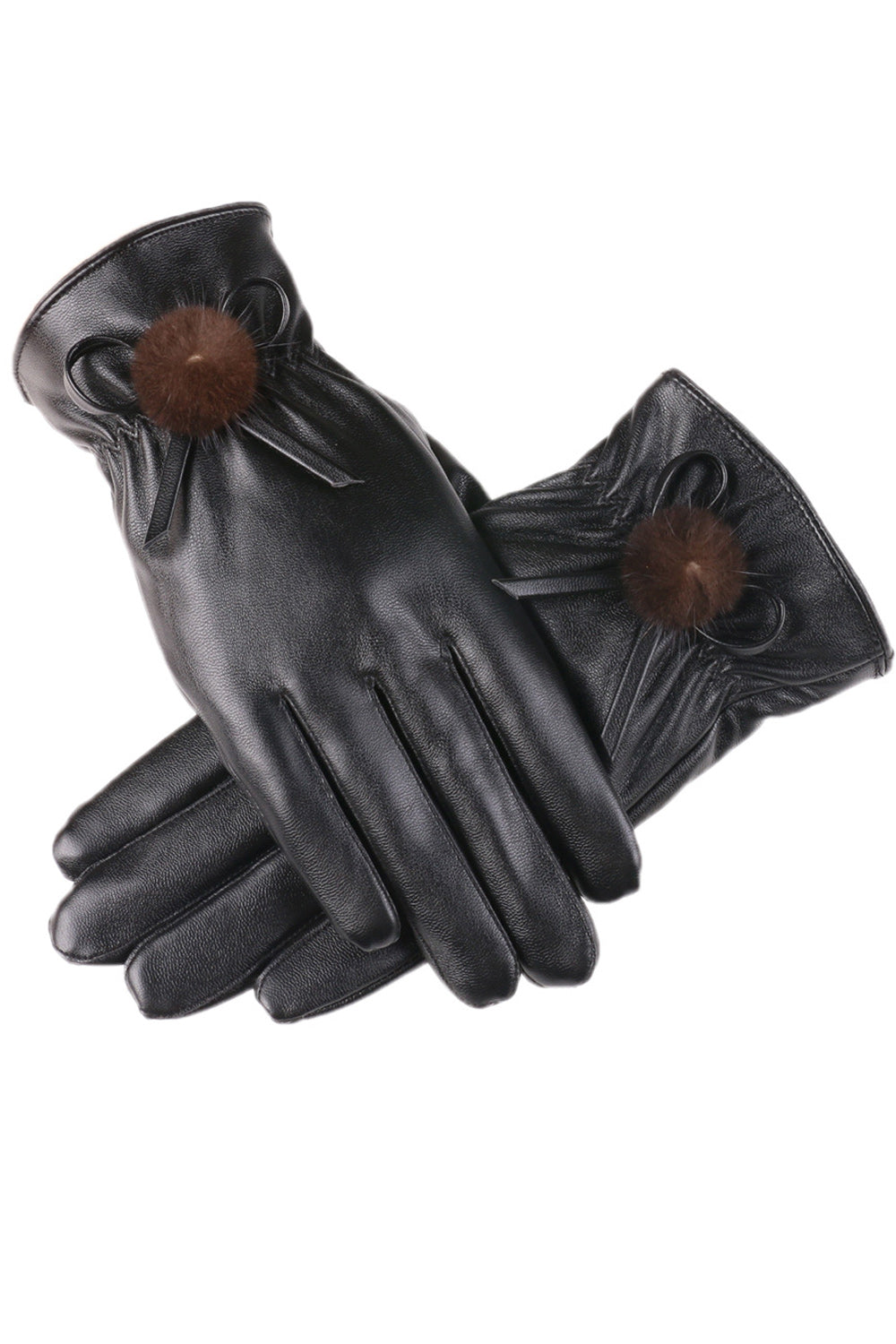 Women Soft Hair Ball Decorated Warm Winter Casual PU Leather Gloves