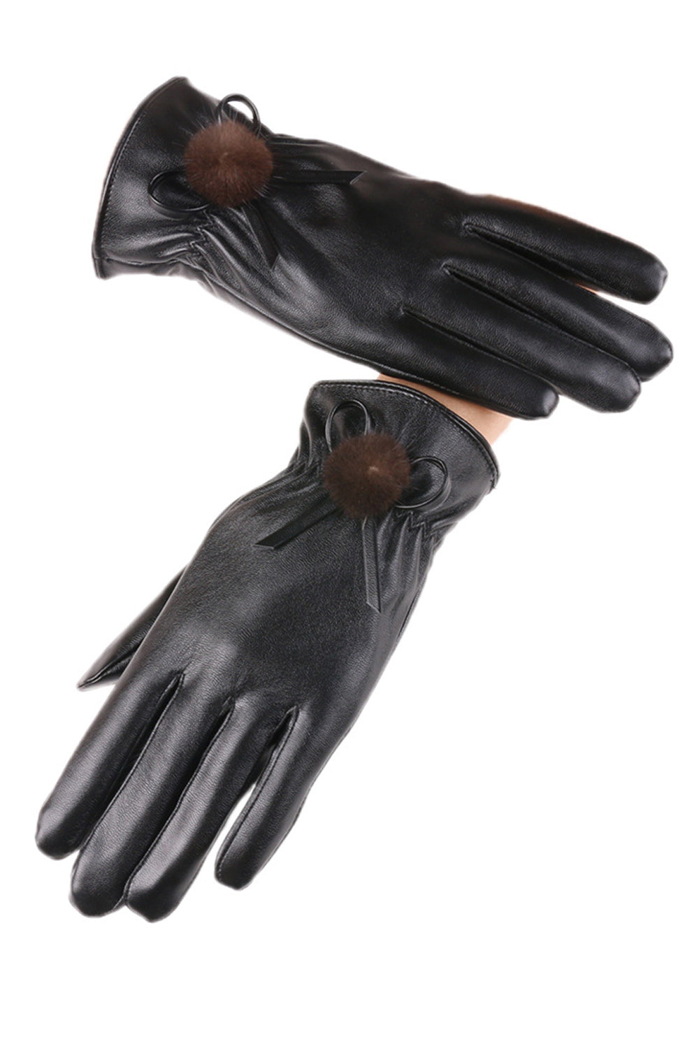 Women Soft Hair Ball Decorated Warm Winter Casual PU Leather Gloves
