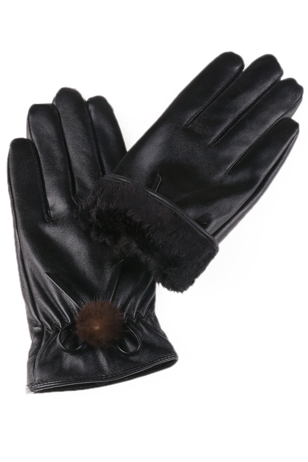 Women Soft Hair Ball Decorated Warm Winter Casual PU Leather Gloves
