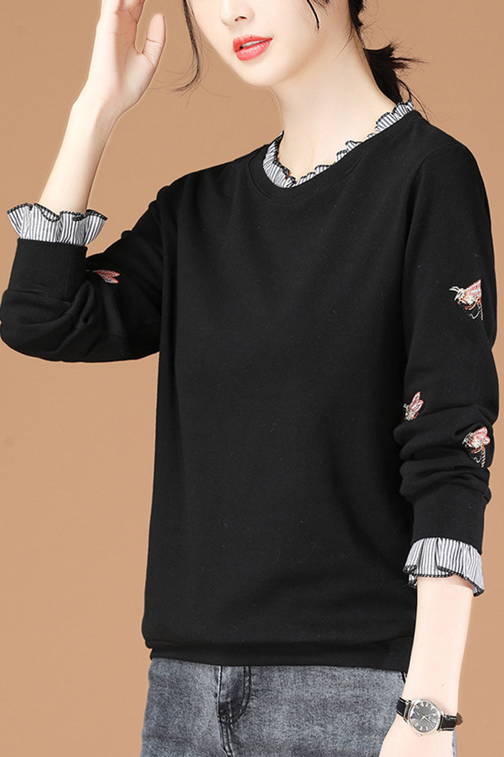 Women Warm Long Sleeve Breathable Round Neck Convenient Sweatshirt