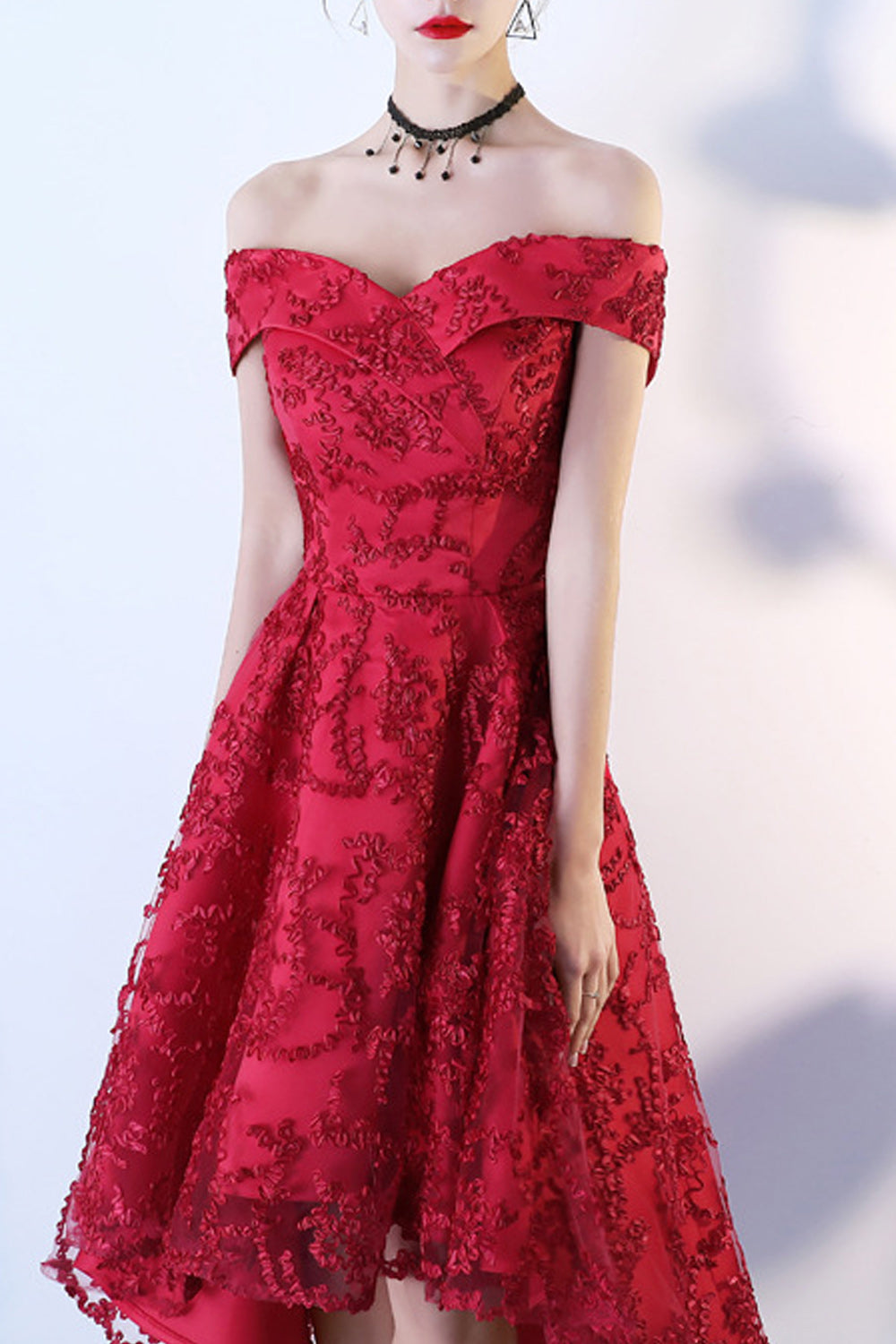 Women Lace Embroidered Beautiful Solid Colored Off-Neck Evening Party Dress
