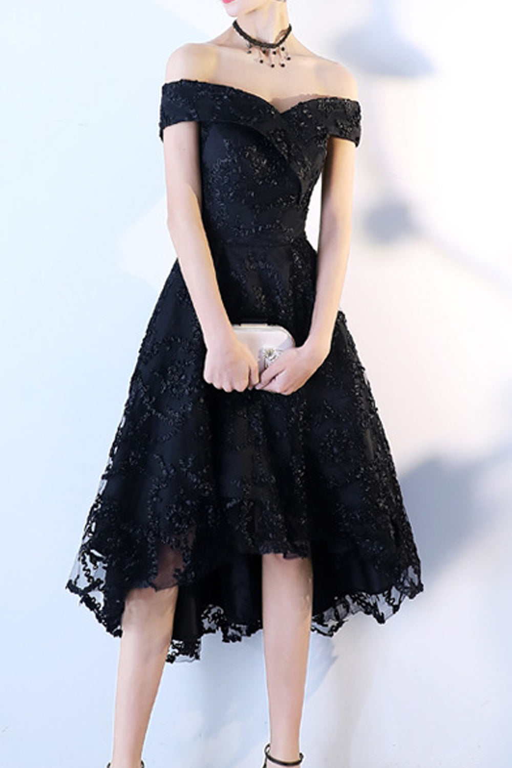 Women Lace Embroidered Beautiful Solid Colored Off-Neck Evening Party Dress