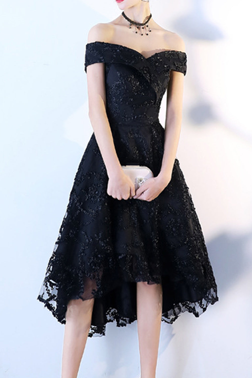Women Lace Embroidered Beautiful Solid Colored Off-Neck Evening Party Dress