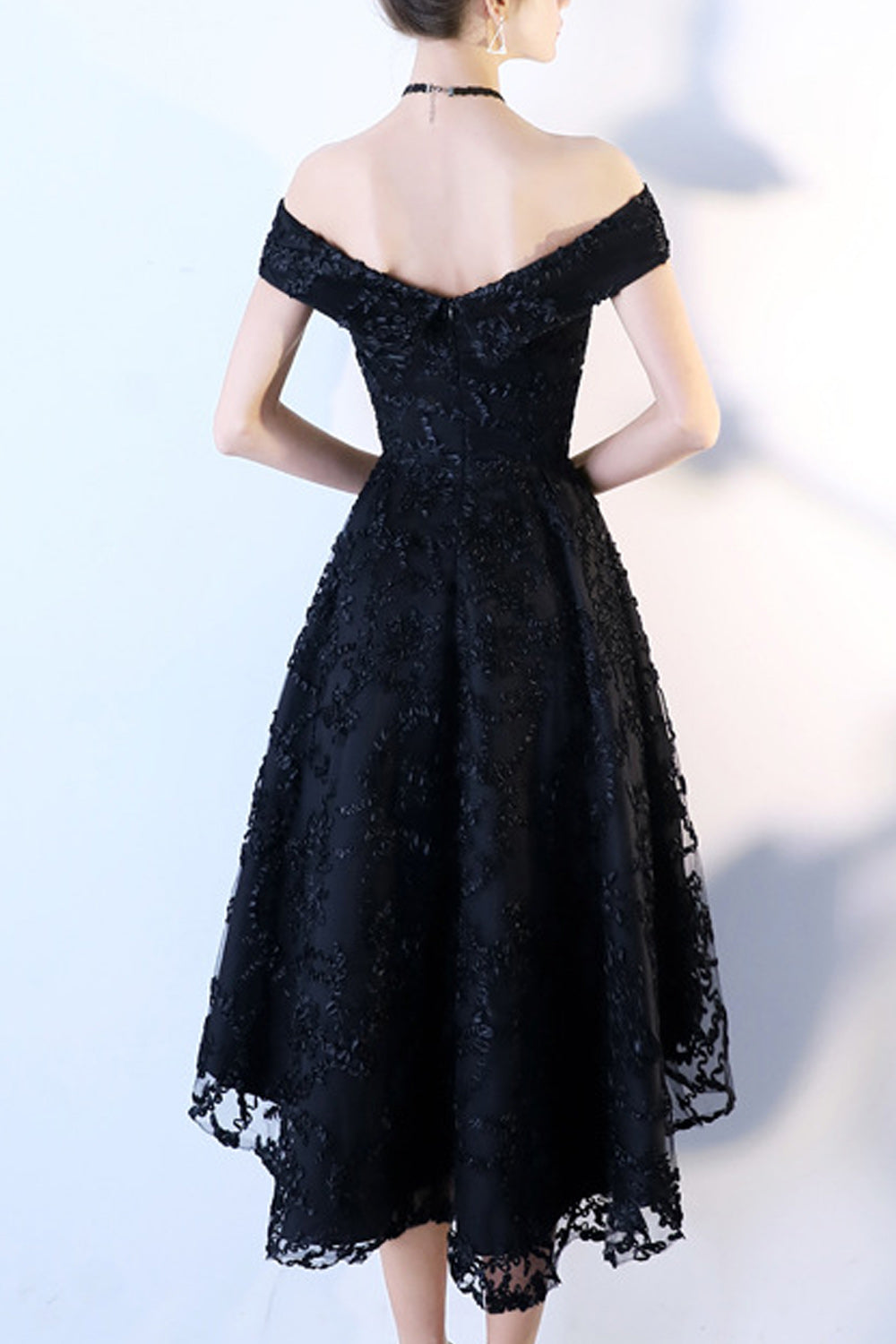 Women Lace Embroidered Beautiful Solid Colored Off-Neck Evening Party Dress