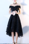 Women Lace Embroidered Beautiful Solid Colored Off-Neck Evening Party Dress