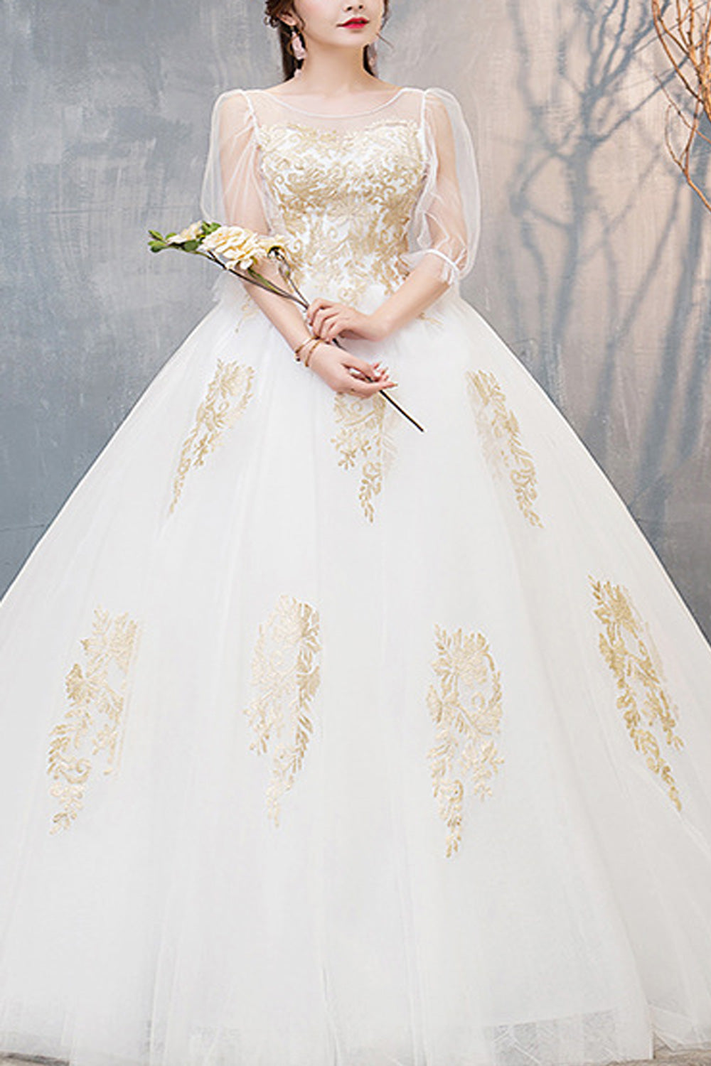 Women See Through Long Sleeve Round Neck Long Skirt Charming Wedding Dress