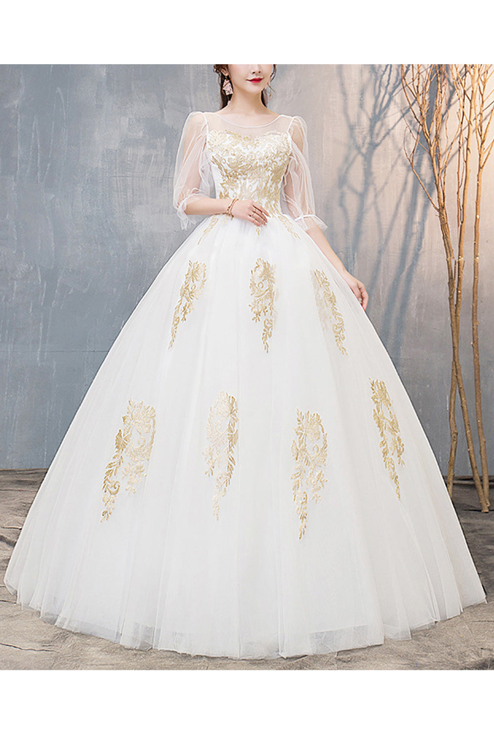 Women See Through Long Sleeve Round Neck Long Skirt Charming Wedding Dress
