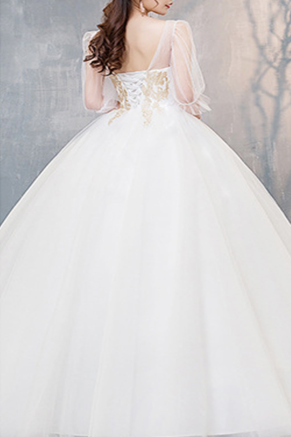 Women See Through Long Sleeve Round Neck Long Skirt Charming Wedding Dress