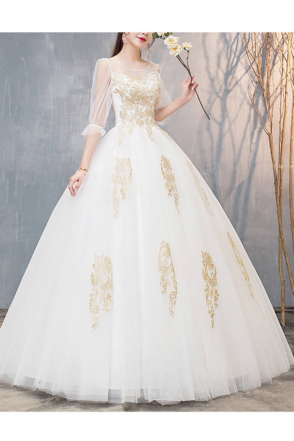 Women See Through Long Sleeve Round Neck Long Skirt Charming Wedding Dress