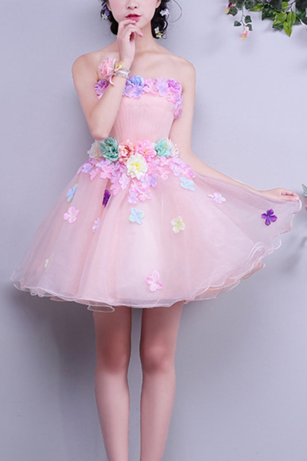 Women Beautiful Off-Shoulder Colorful Flower Attached Evening Dress