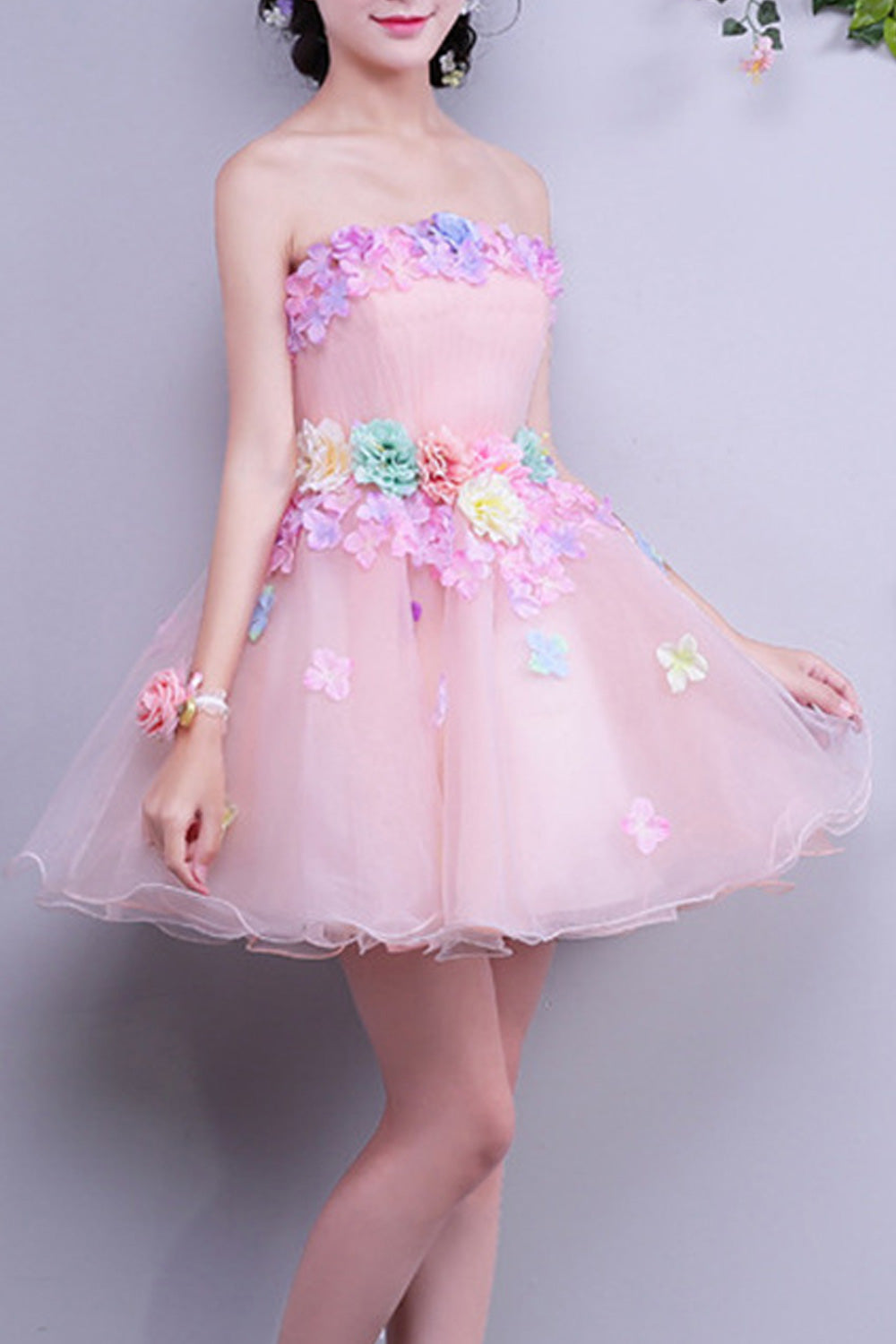Women Beautiful Off-Shoulder Colorful Flower Attached Evening Dress