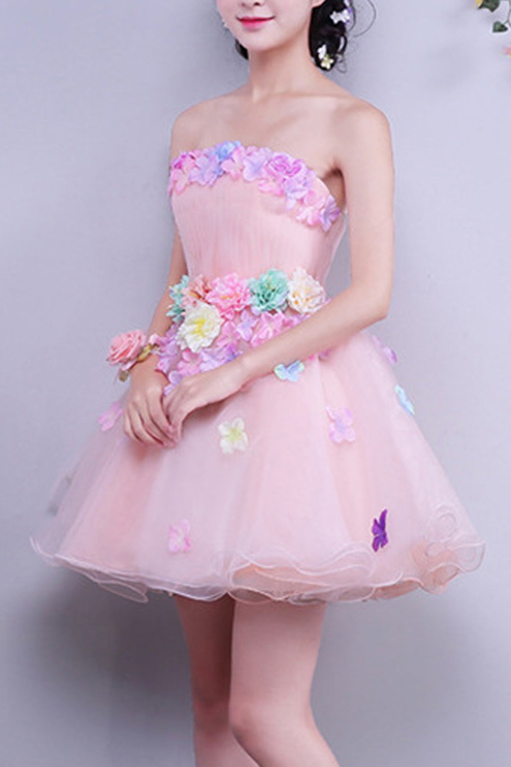 Women Beautiful Off-Shoulder Colorful Flower Attached Evening Dress