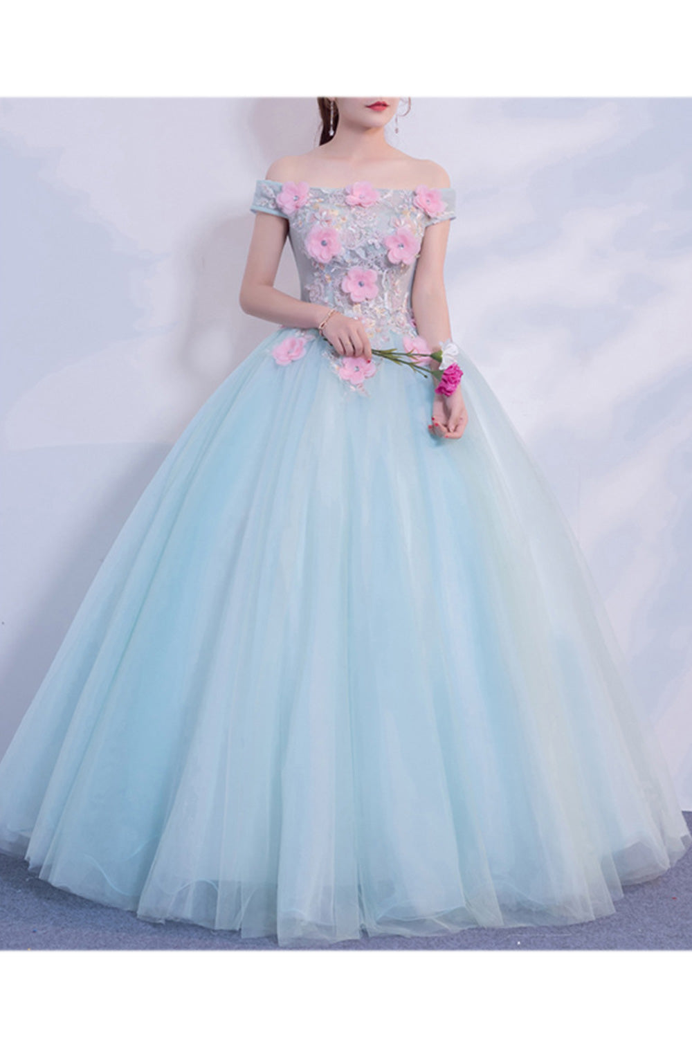 Women Comfortable Off-Shoulder Flower Attached Long Thin Skirt Wedding Dress