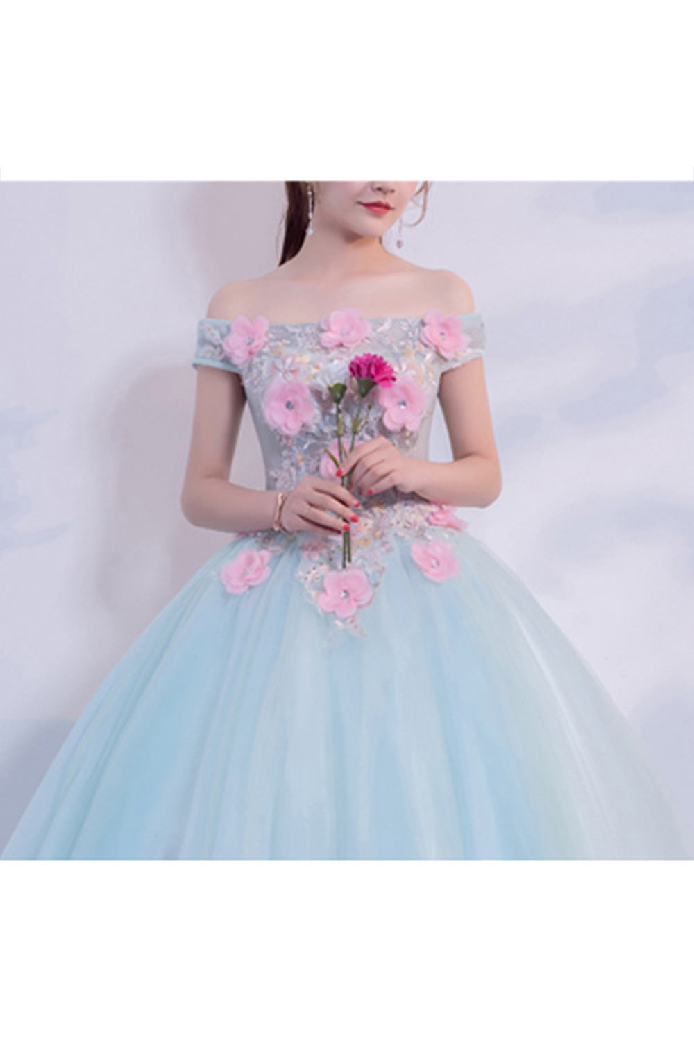 Women Comfortable Off-Shoulder Flower Attached Long Thin Skirt Wedding Dress