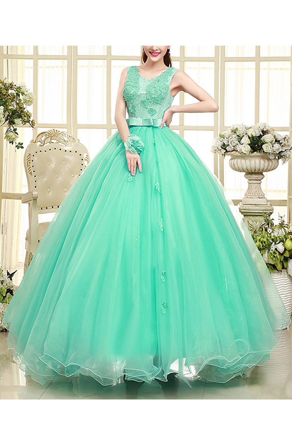 Women Sleeveless Round Neck Long Ball Gown Solid Pattern Wedding Dress