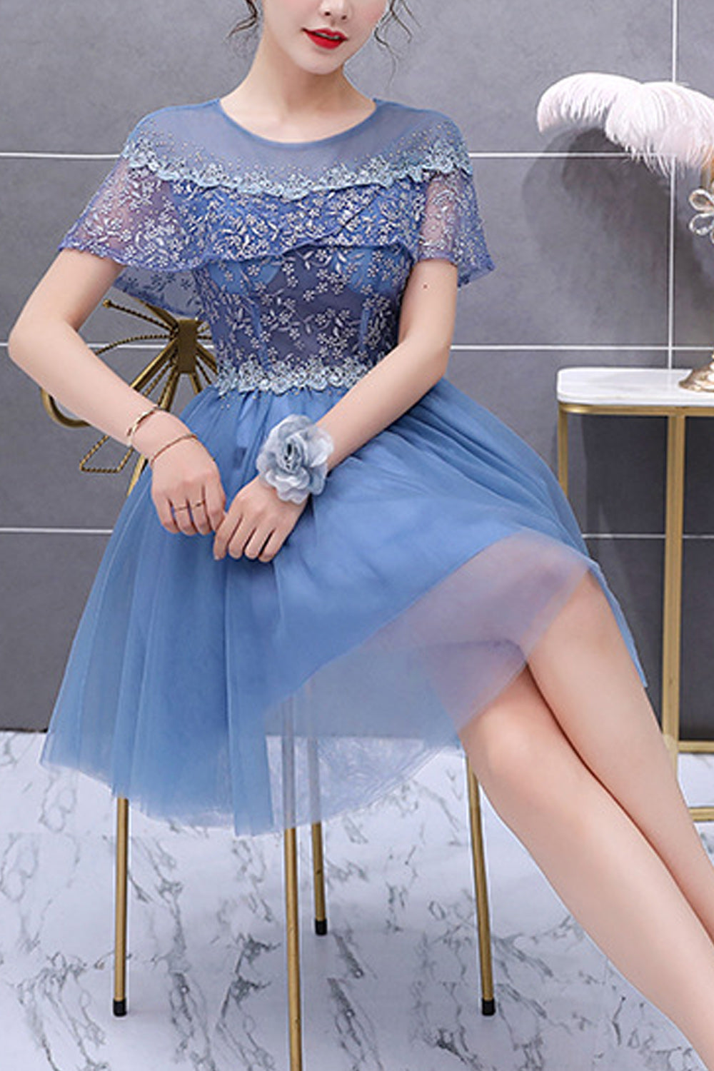 Women Round Neck Thin Short Sleeve Solid Colored Fashionable Evening Dress