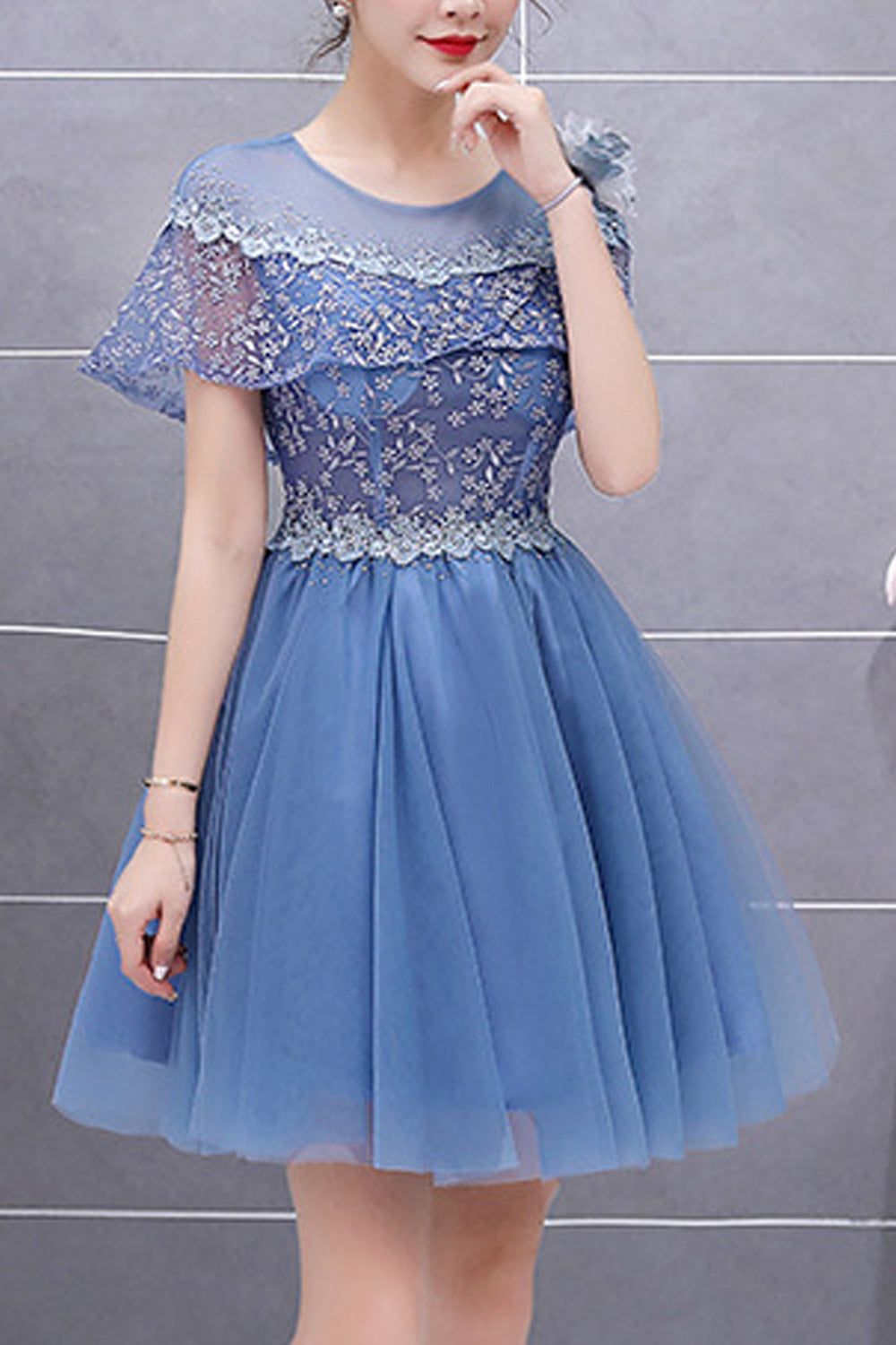 Women Round Neck Thin Short Sleeve Solid Colored Fashionable Evening Dress
