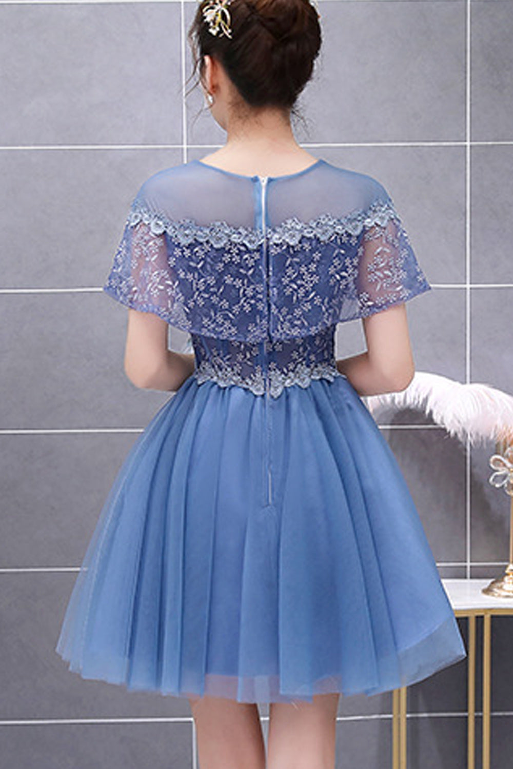 Women Round Neck Thin Short Sleeve Solid Colored Fashionable Evening Dress