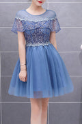 Women Round Neck Thin Short Sleeve Solid Colored Fashionable Evening Dress