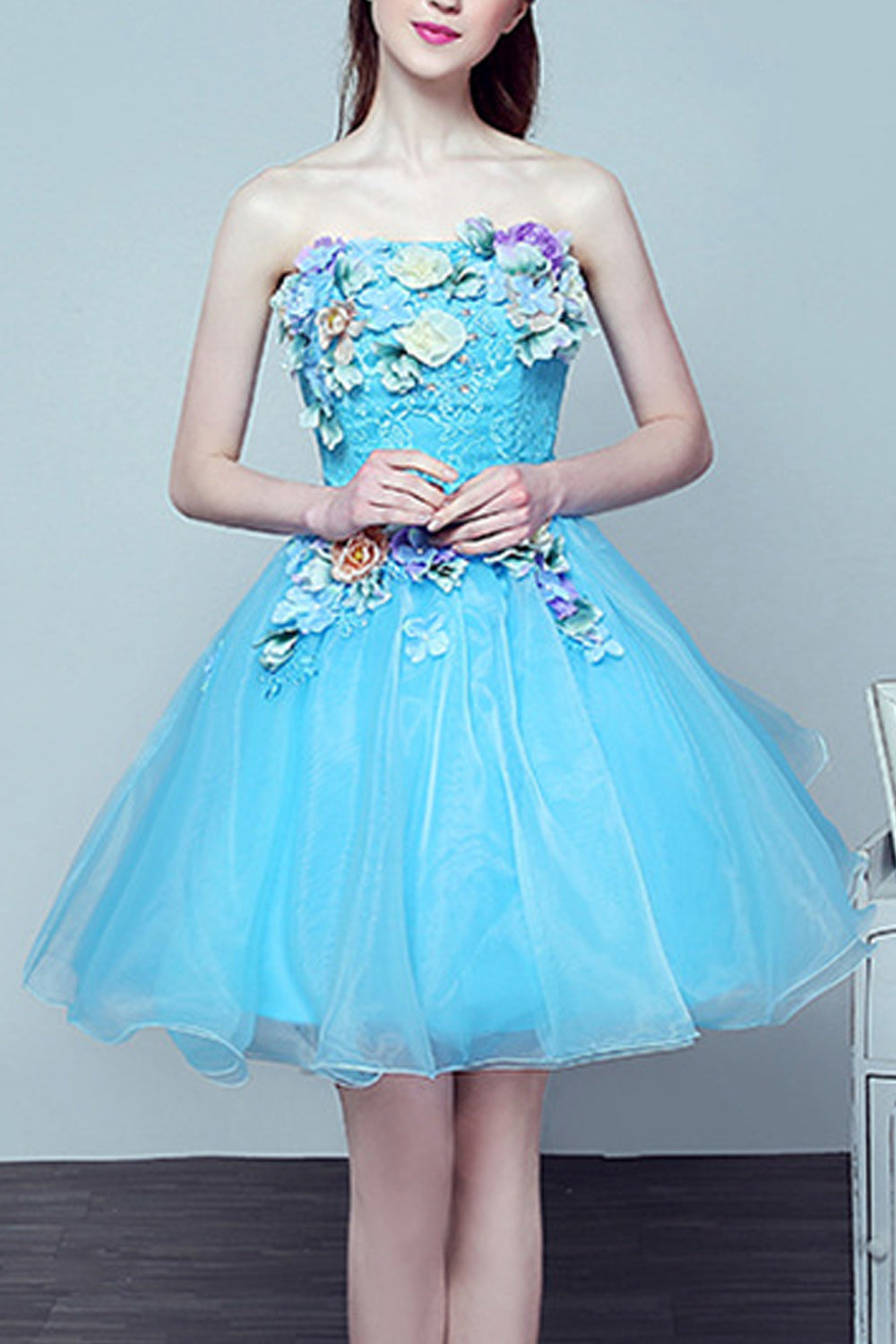 Women Stylish Flower Decorated Classy Short Thin Skirt Evening Dress