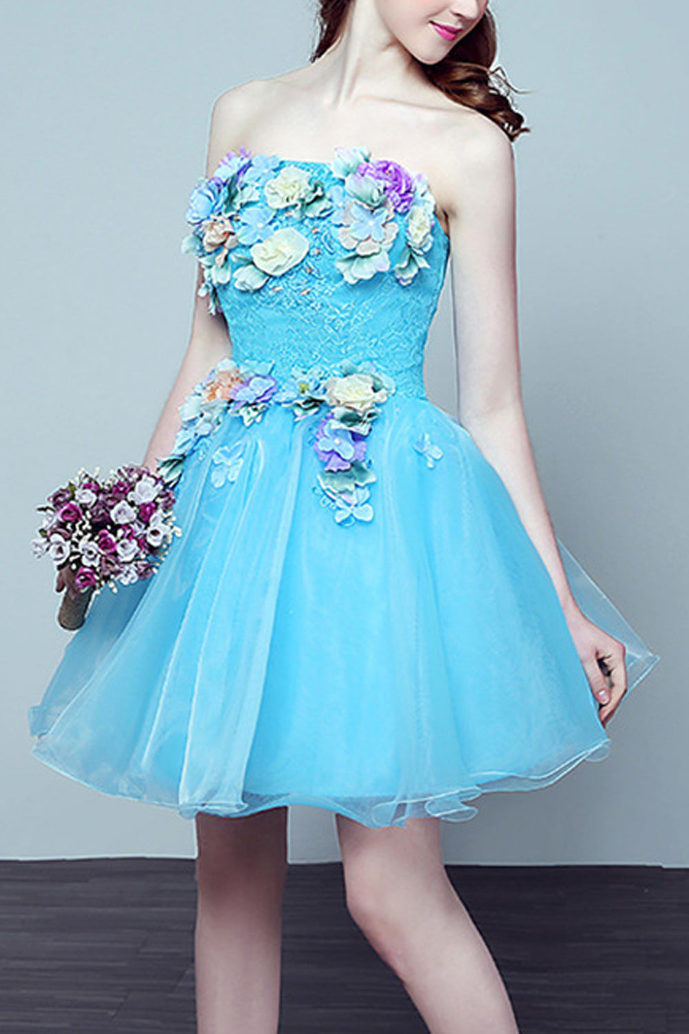 Women Stylish Flower Decorated Classy Short Thin Skirt Evening Dress