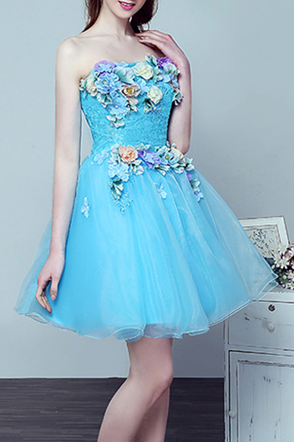 Women Stylish Flower Decorated Classy Short Thin Skirt Evening Dress