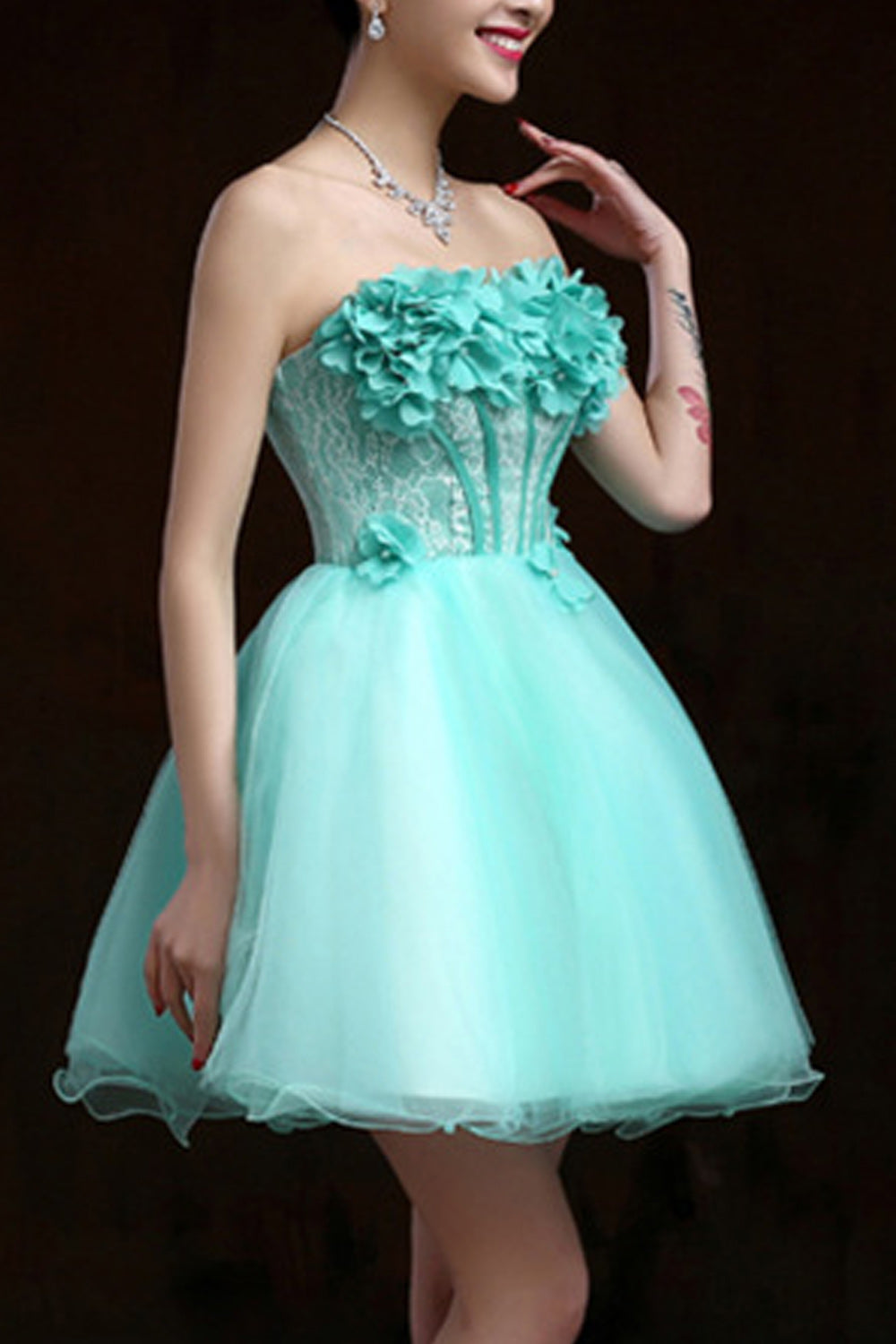 Women Elegant Flower Decorated Thin Short Skirt Cool Evening Dress