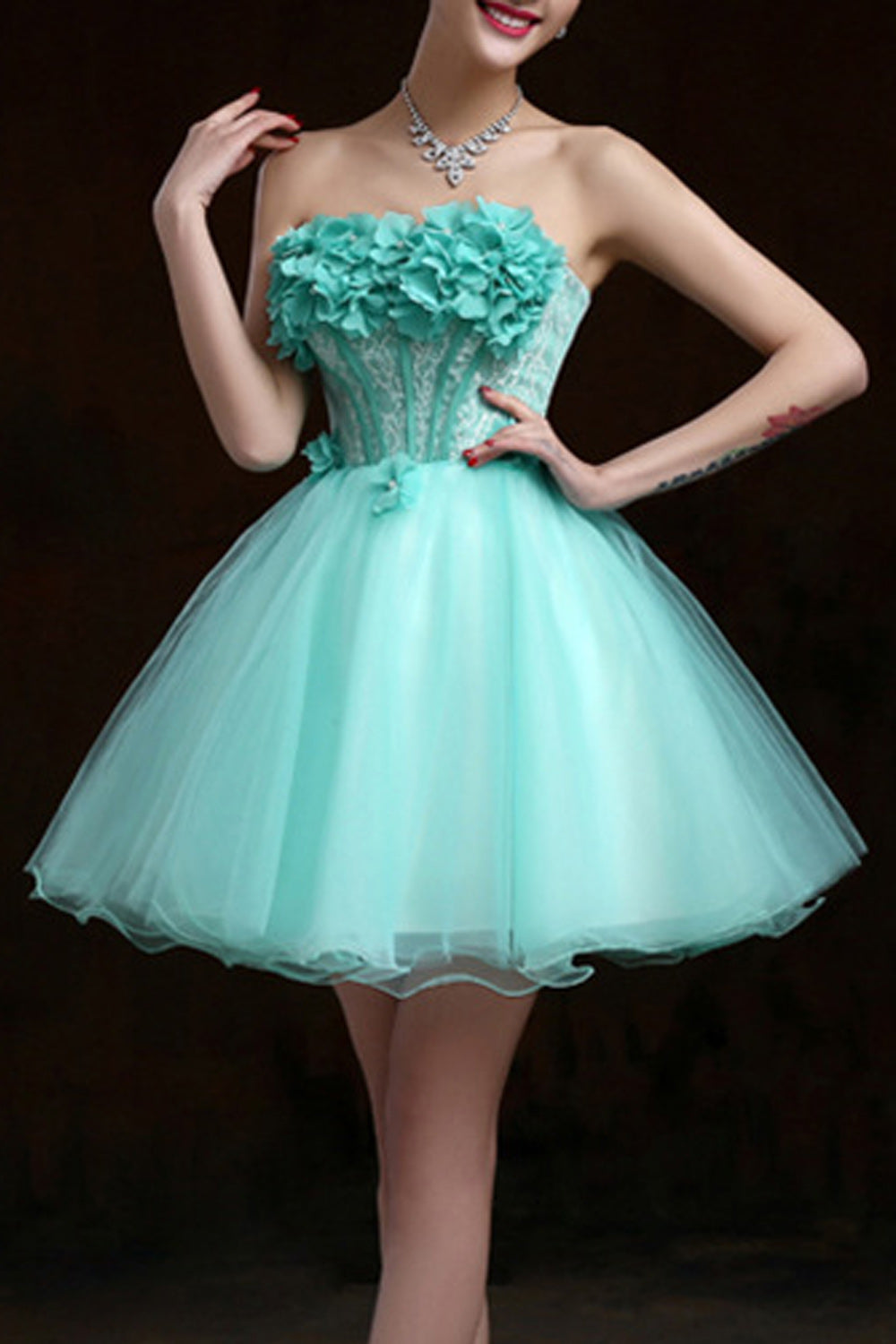 Women Elegant Flower Decorated Thin Short Skirt Cool Evening Dress