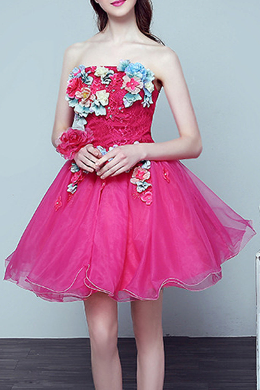 Women Pretty Flower Decorated Short Thin Skirt Evening Dress