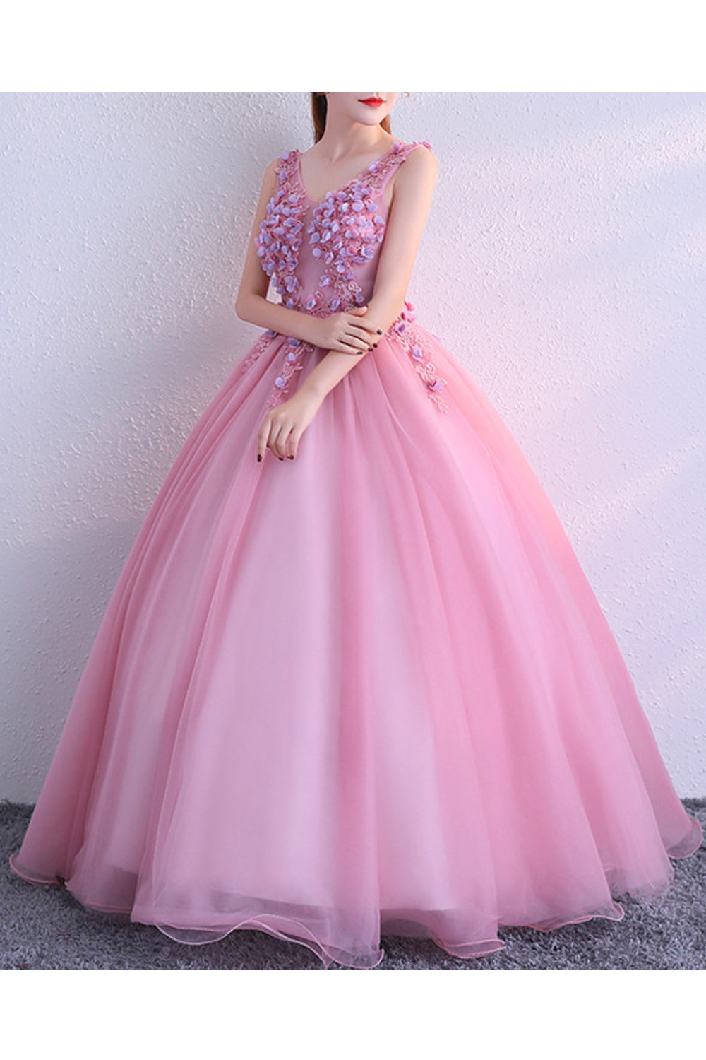 Women Magnificent Floral Decorated Round Neck Easy Long Skirt Wedding Dress