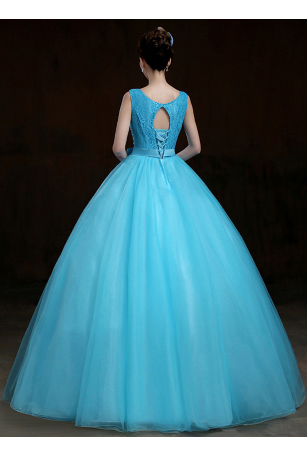 Women Round Neck Sleeveless Style Solid Pattern Ball Gown Wedding Dress