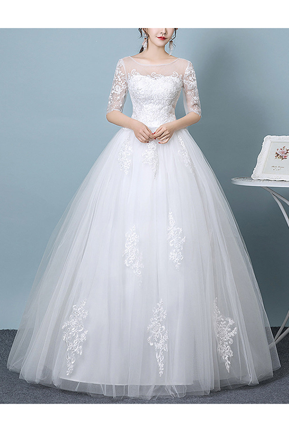 Women Thin Round Neck Lace Half Sleeve Solid Pattern Wedding Dress