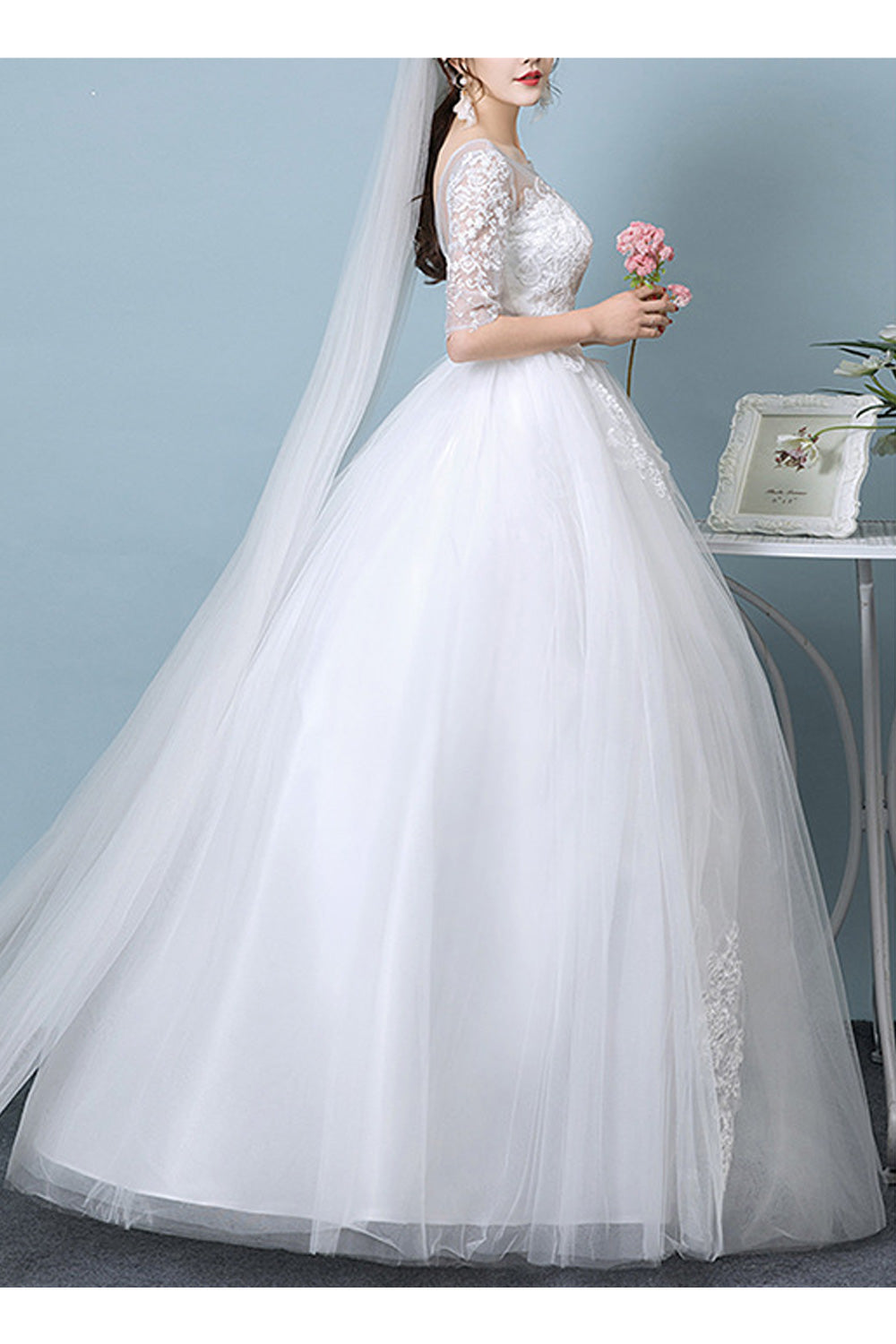 Women Thin Round Neck Lace Half Sleeve Solid Pattern Wedding Dress