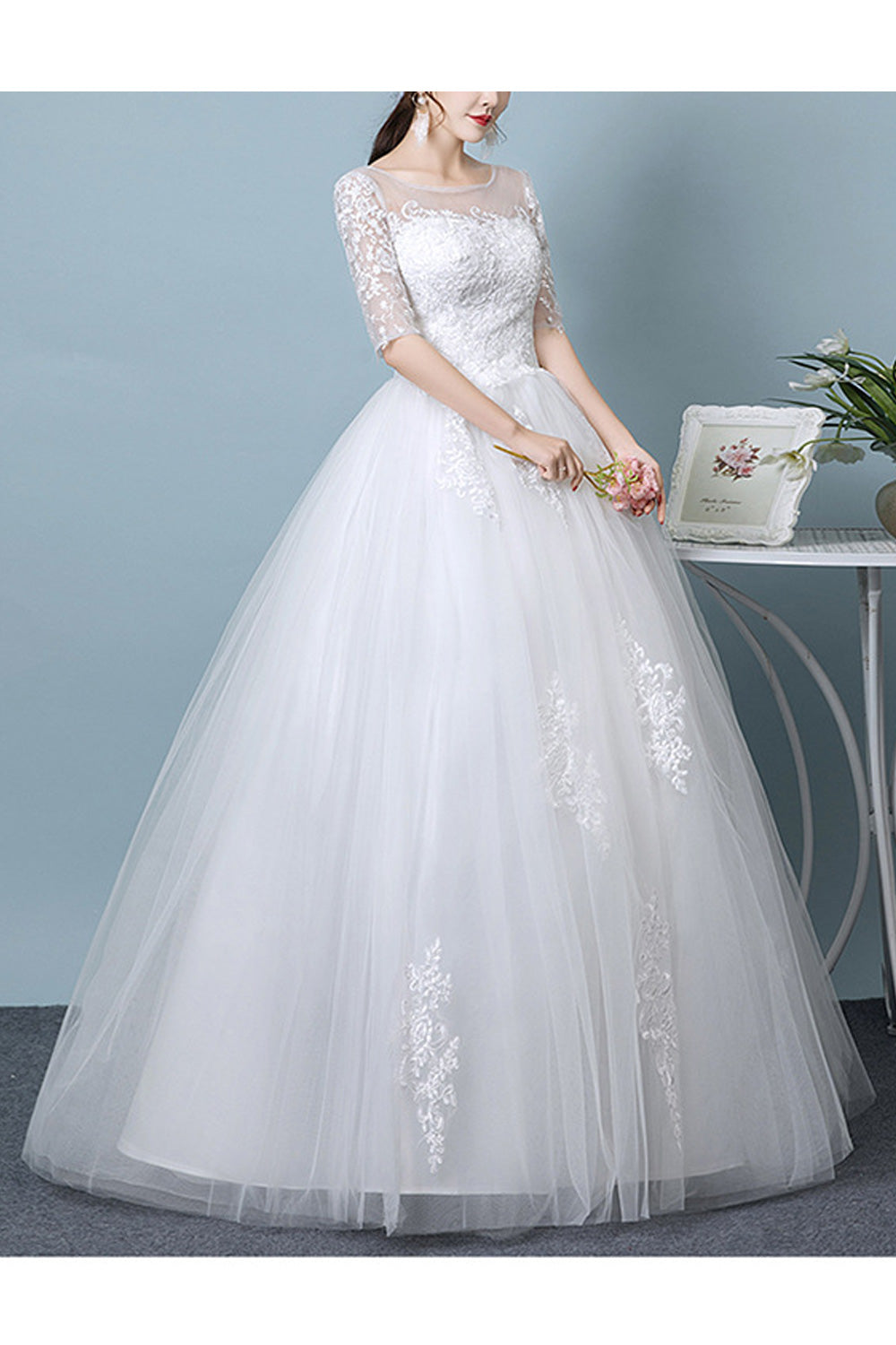 Women Thin Round Neck Lace Half Sleeve Solid Pattern Wedding Dress