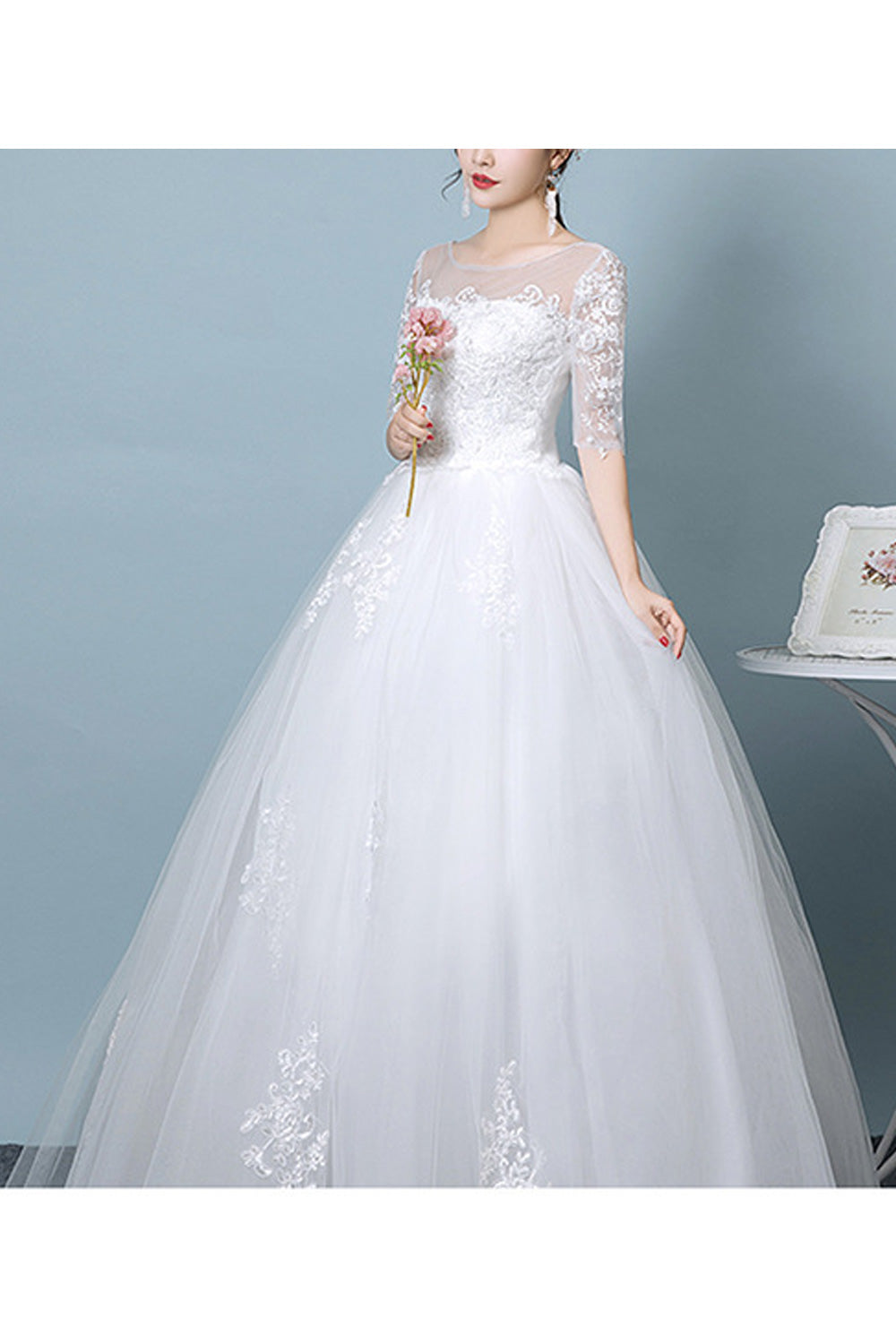 Women Thin Round Neck Lace Half Sleeve Solid Pattern Wedding Dress
