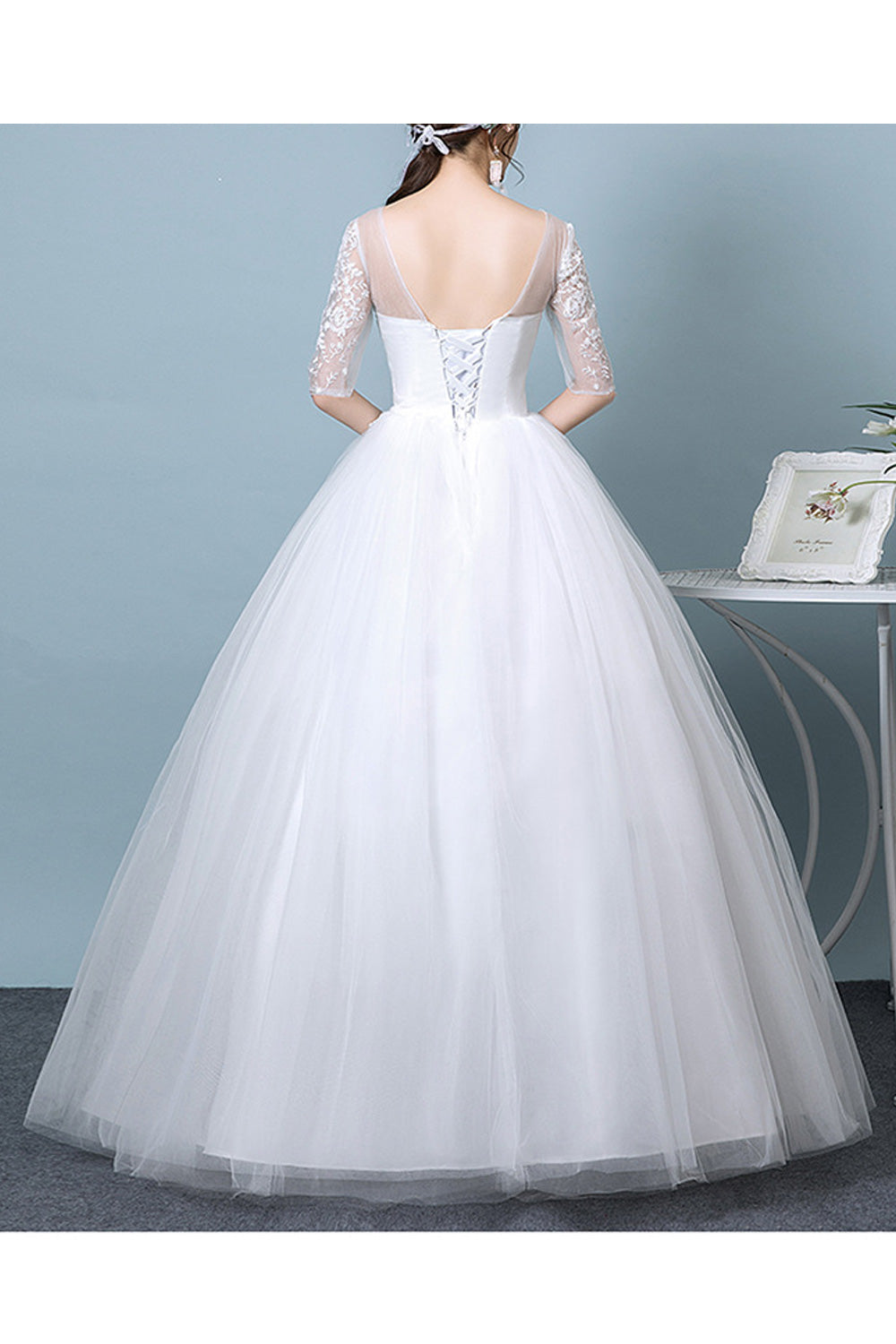 Women Thin Round Neck Lace Half Sleeve Solid Pattern Wedding Dress