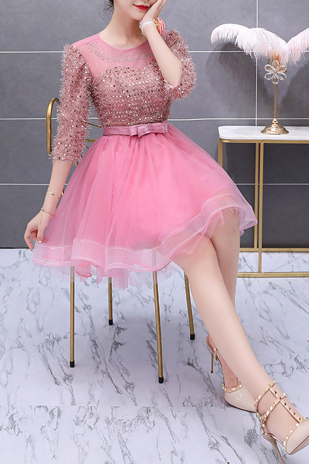 Women Easy Round Neck Shiny Sequins Decorated Half Sleeve Comfy Evening Dress