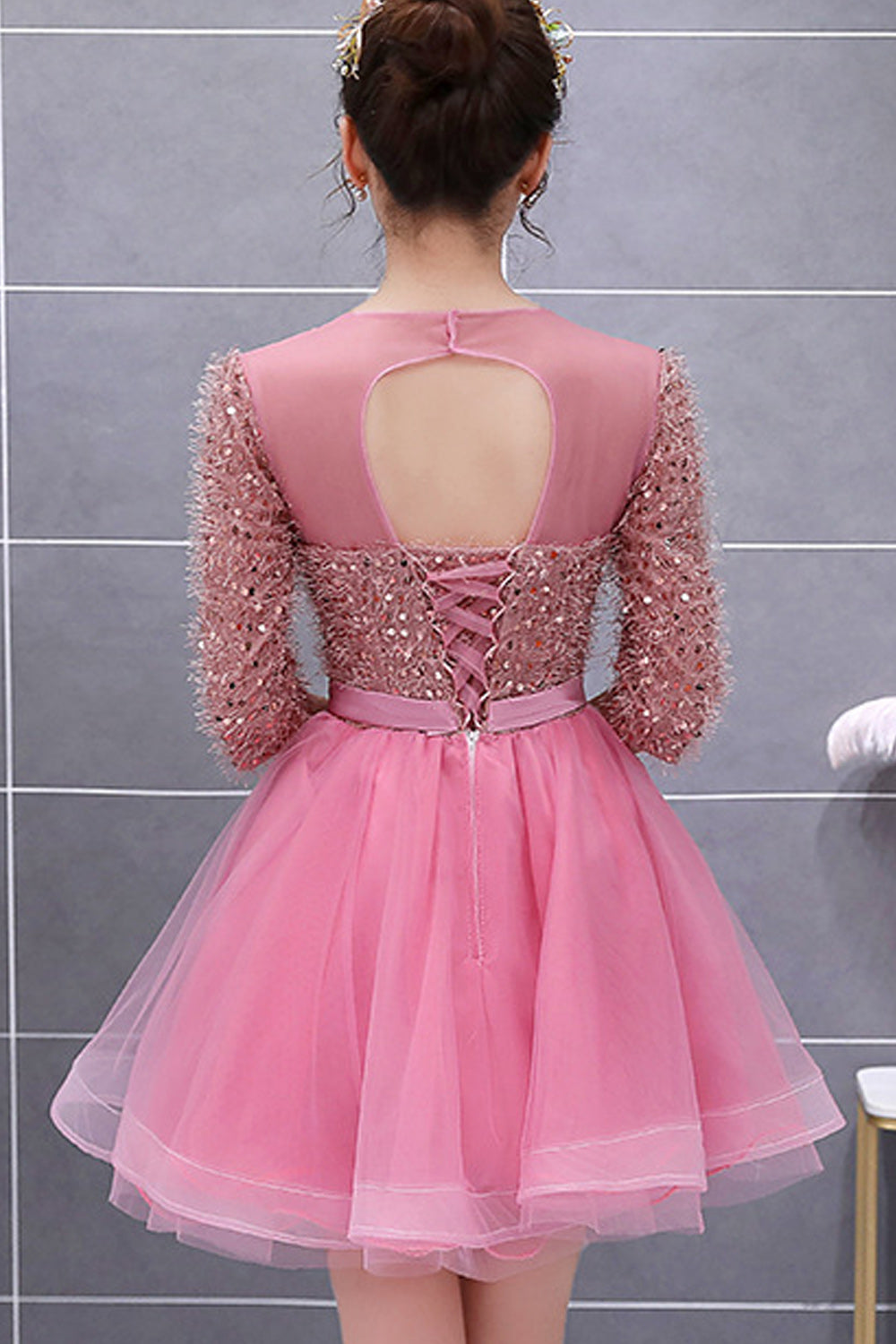 Women Easy Round Neck Shiny Sequins Decorated Half Sleeve Comfy Evening Dress