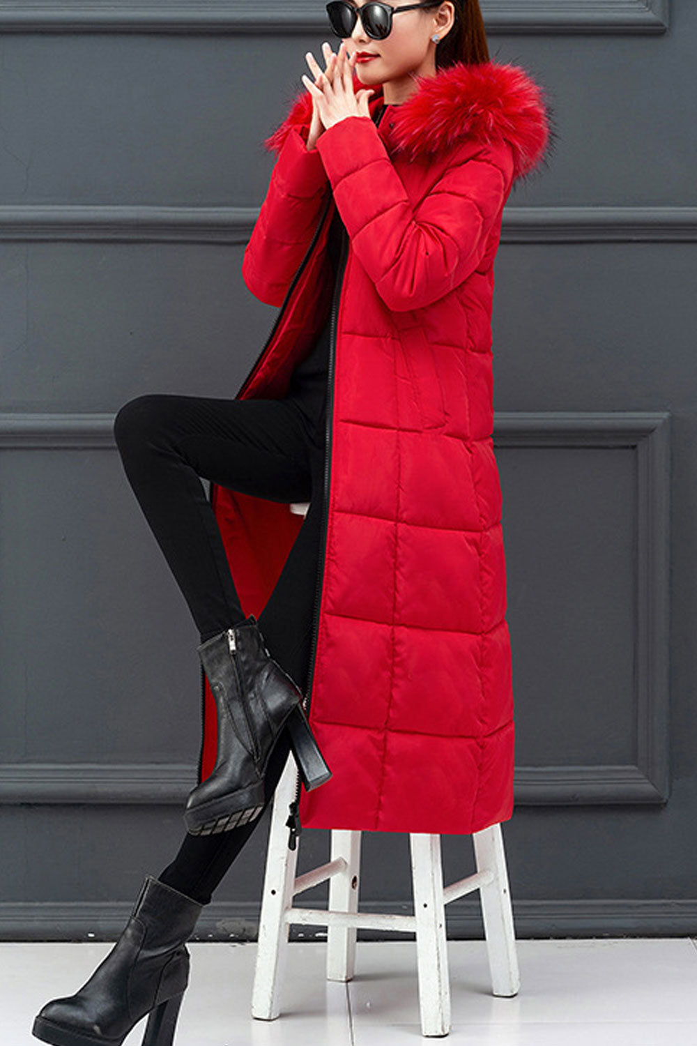 Women Knee Length Solid Colored Thick Long Sleeve Warm Padded Jacket