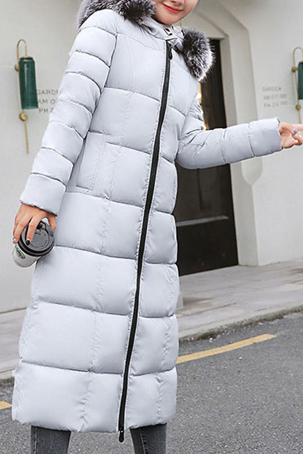 Women Knee Length Solid Colored Thick Long Sleeve Warm Padded Jacket