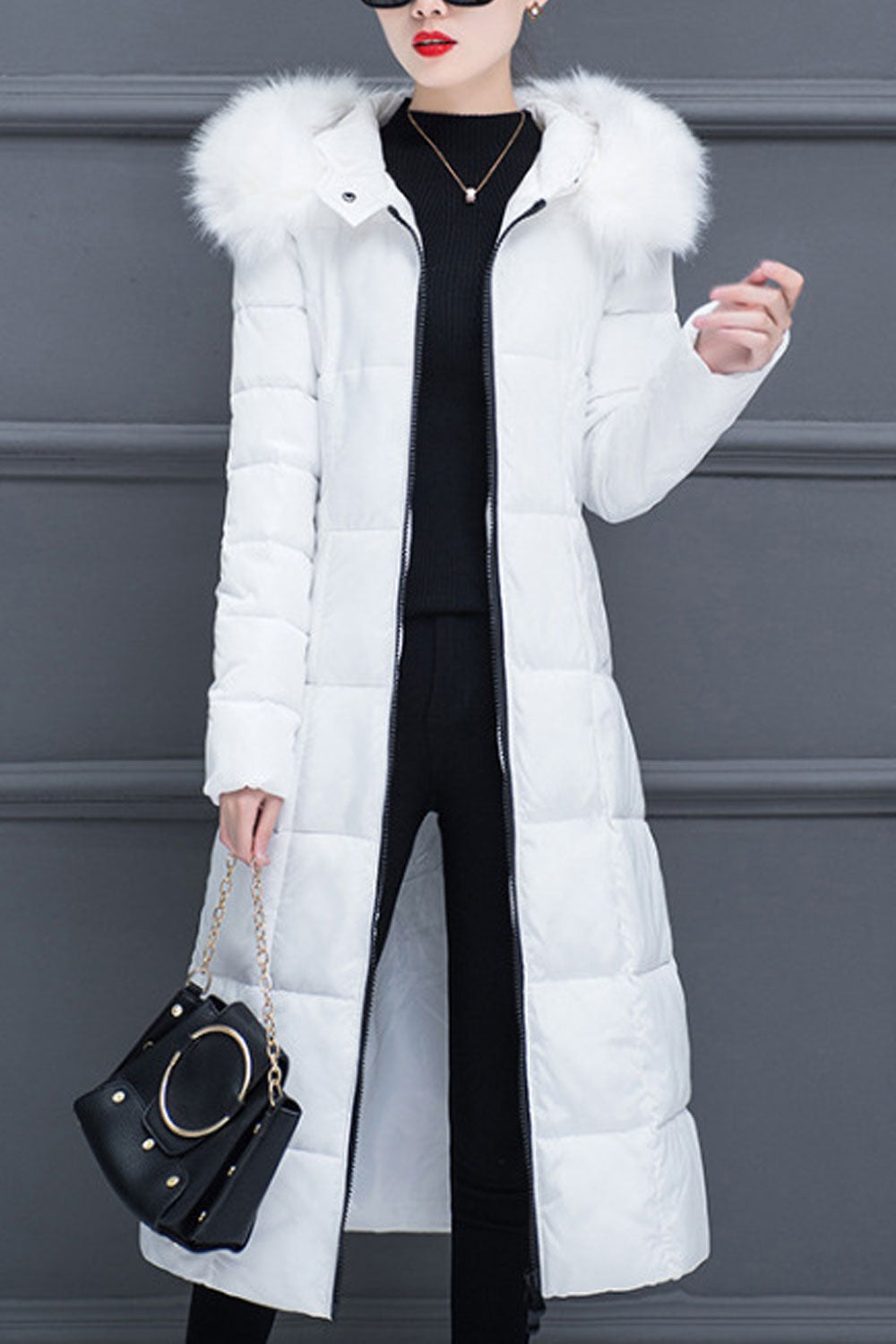 Women Knee Length Solid Colored Thick Long Sleeve Warm Padded Jacket