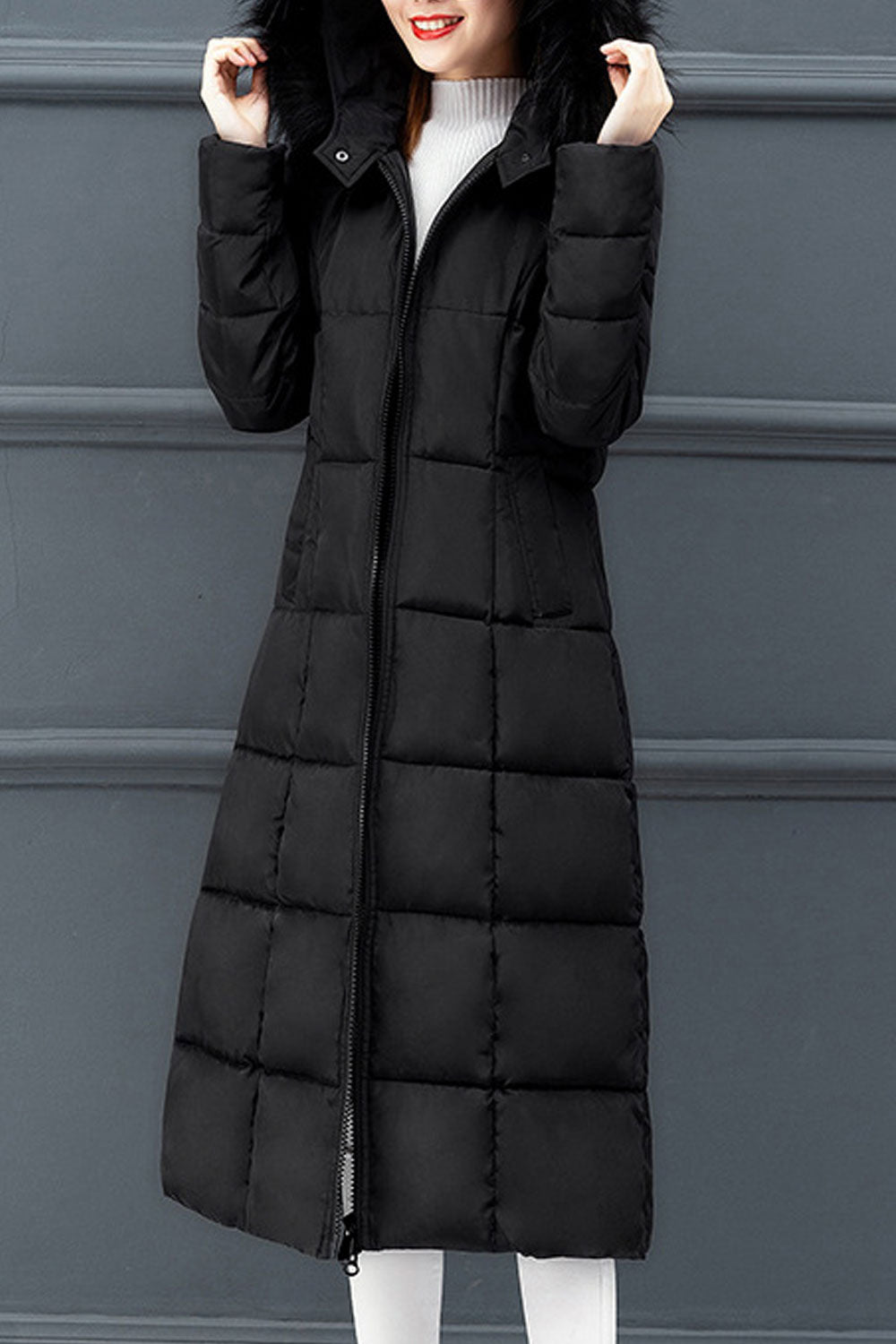 Women Knee Length Solid Colored Thick Long Sleeve Warm Padded Jacket