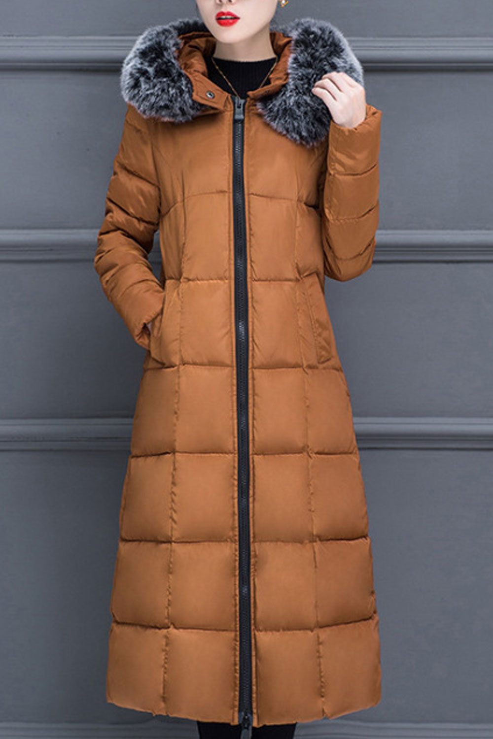 Women Knee Length Solid Colored Thick Long Sleeve Warm Padded Jacket