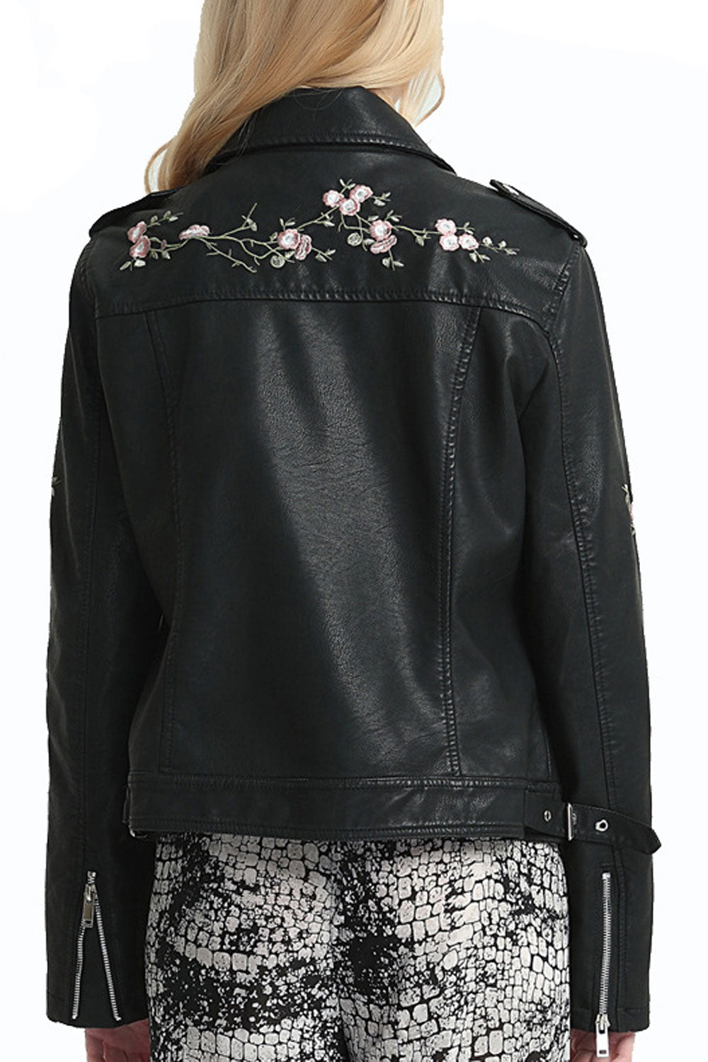 Women Cute Flower Embroidered Long Sleeve Collar Neck PU Leather Jacket