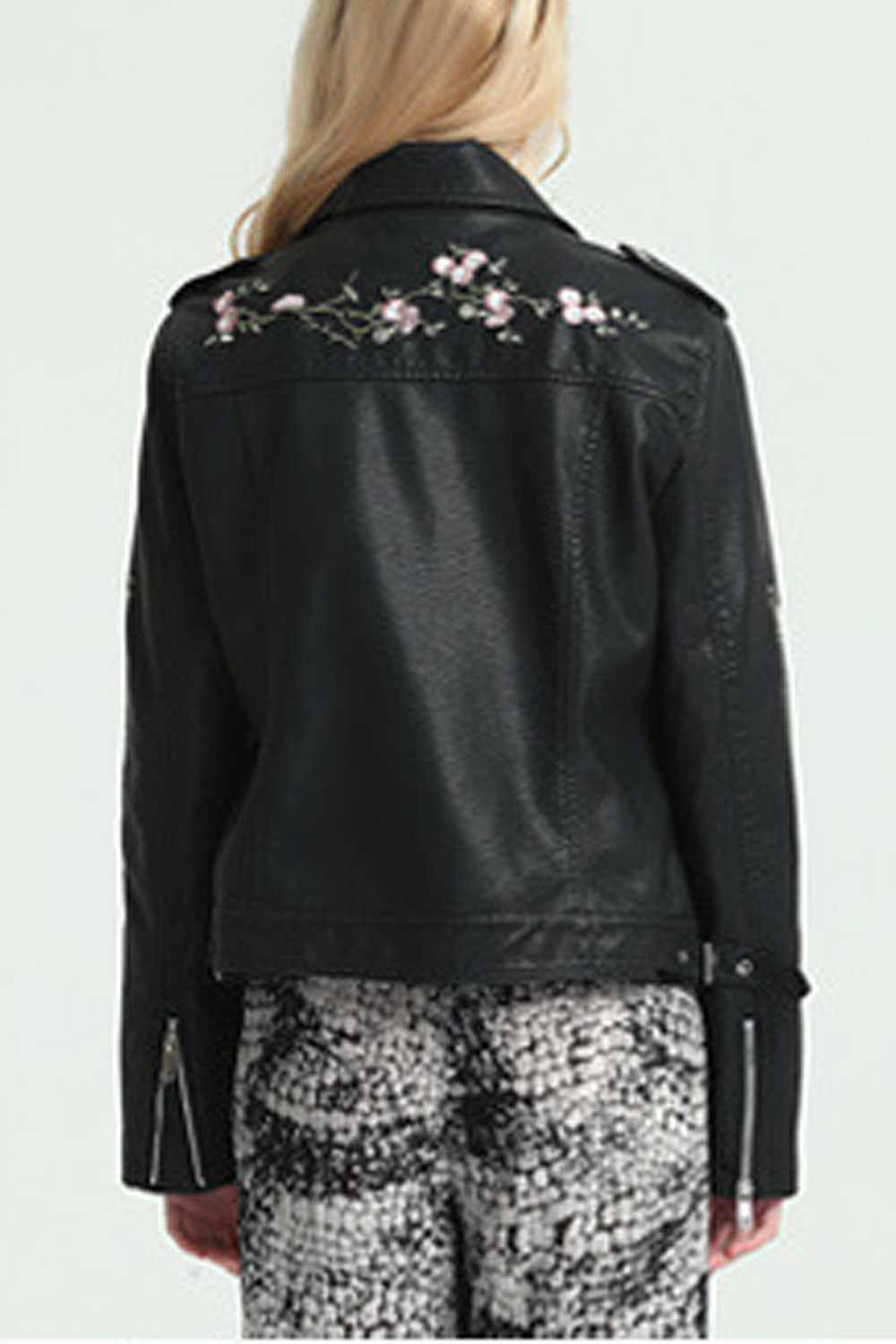 Women Cute Flower Embroidered Long Sleeve Collar Neck PU Leather Jacket