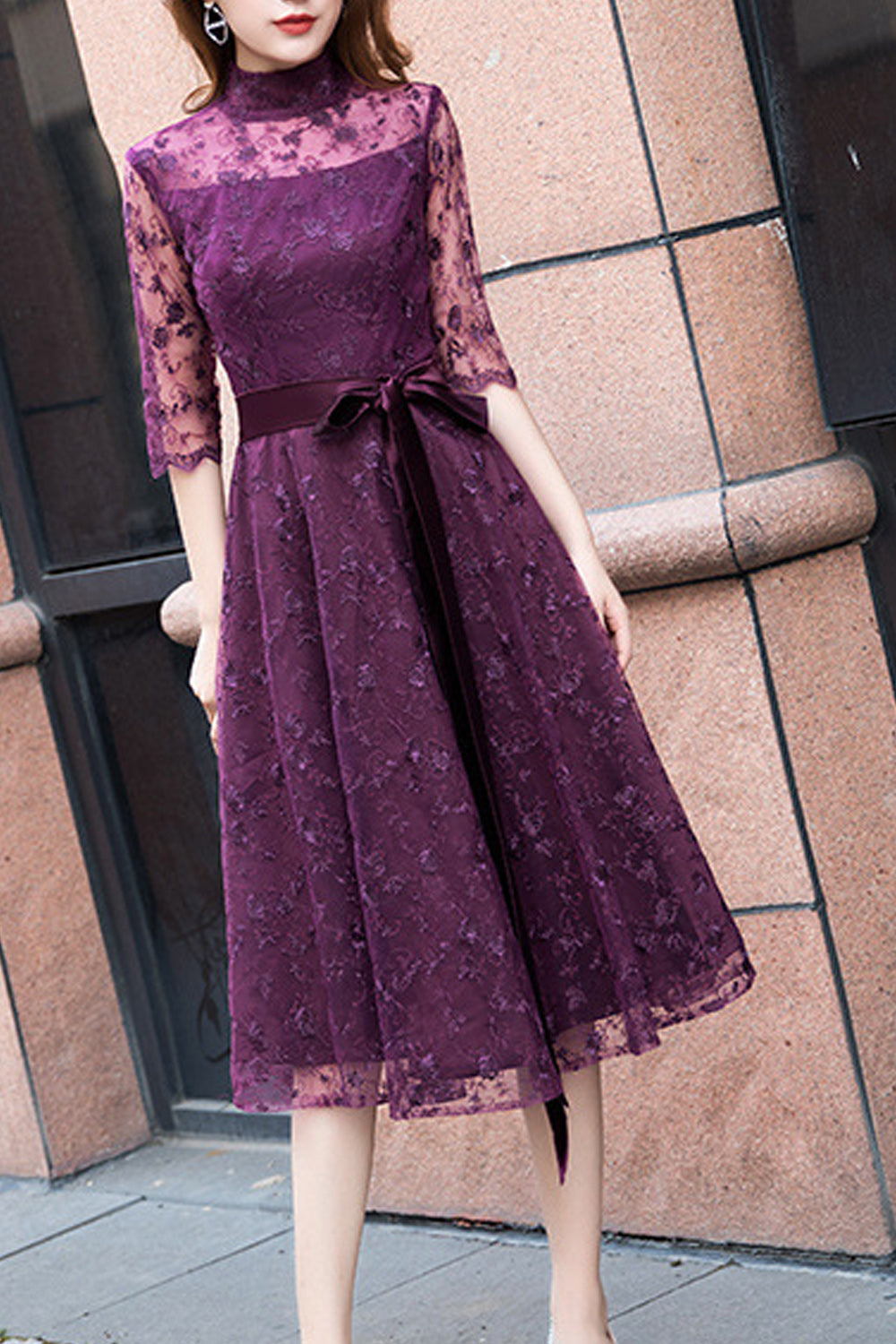 Women Stand Collar Neck Solid Colored Elegant Breathable Evening Party Dress
